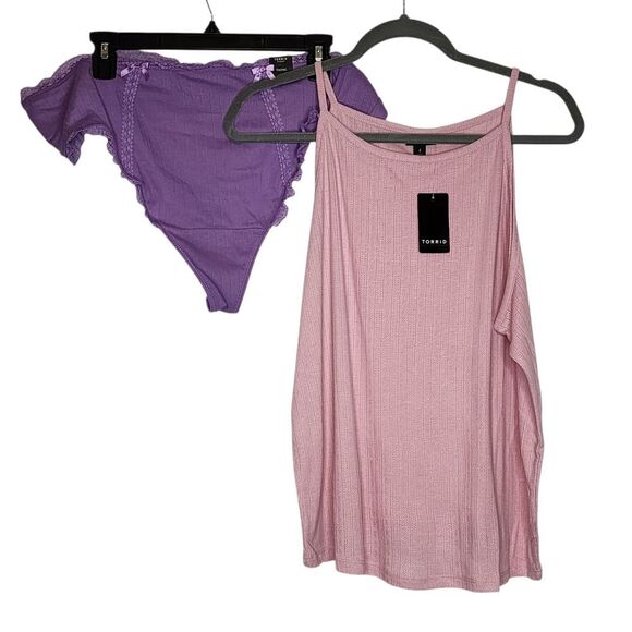 4X 26W Torrid Pink Pointelle High Neck Crop Tank Purple Thong Set Loungewear - Picture 2 of 10